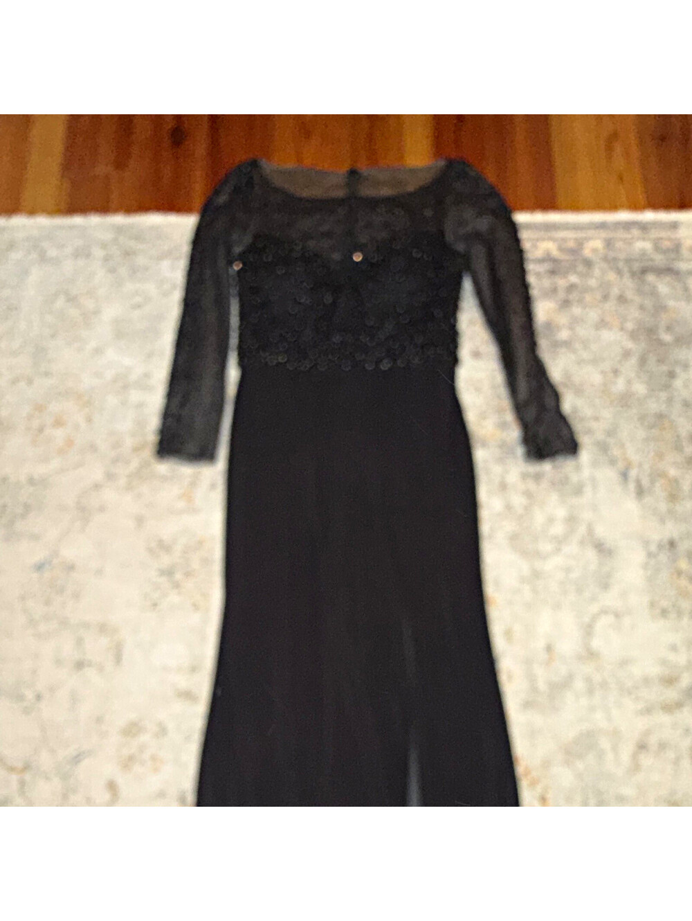 Women’s Black Beaded Sheer Mesh Boat Neck 3/4 Sleeve Long Gown Sz 10 A363